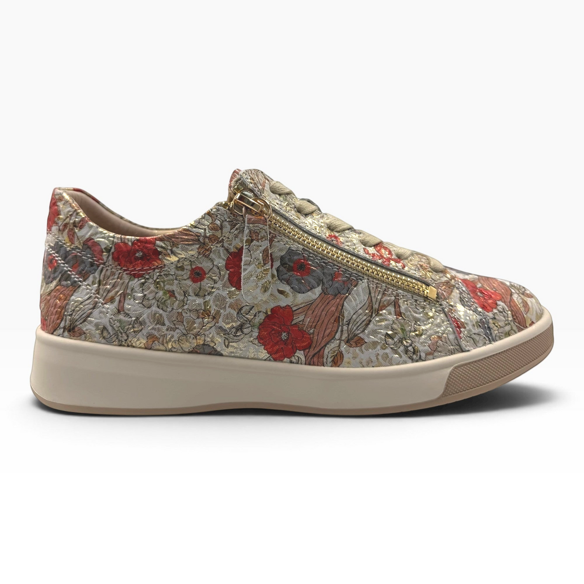 The Shoe Shop Aito sneaker in cream textured leather with a vibrant red floral print and gold-tone side zip detail.