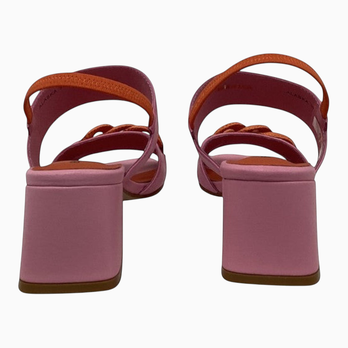 The Shoe Shop Alaska slingback heels in pink and orange with a 5cm block heel and adjustable strap, rear view.