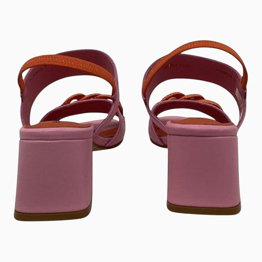 The Shoe Shop Alaska slingback heels in pink and orange with a 5cm block heel and adjustable strap, rear view.