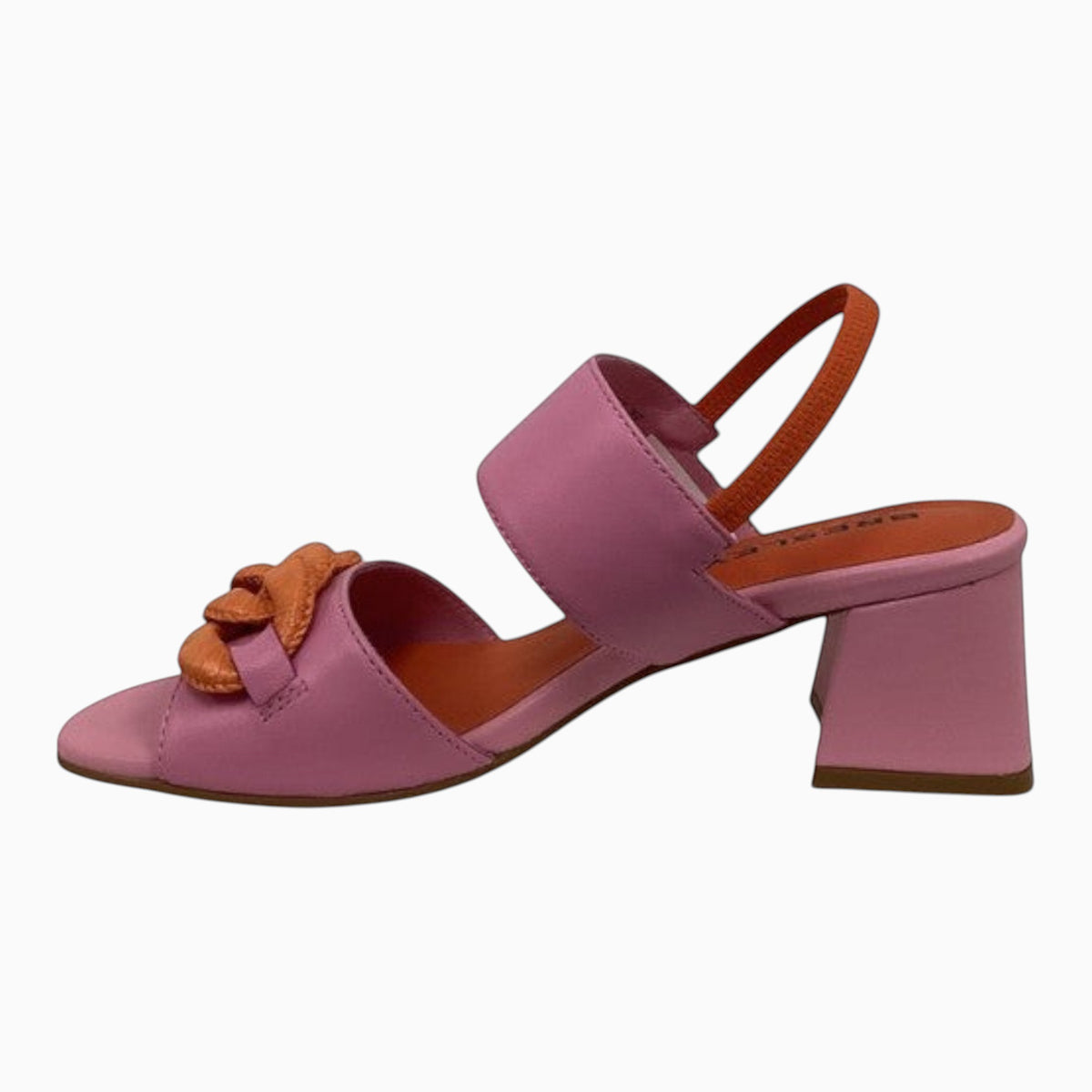 The Shoe Shop Alaska pink slingback heeled sandal with an orange chain detail and a 5cm block heel.