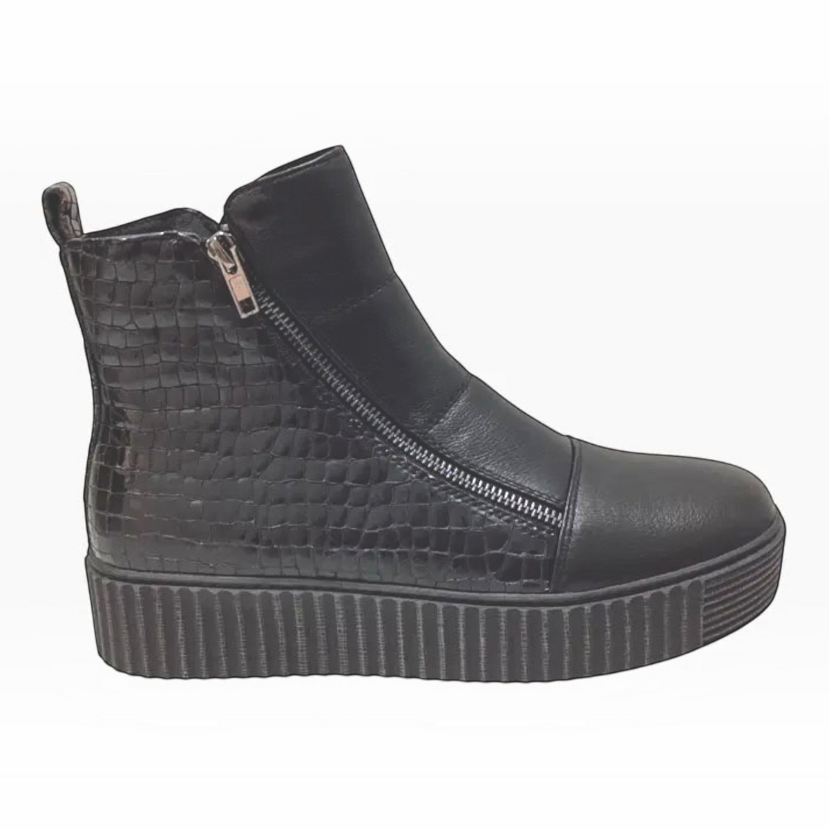 The Shoe Shop Alfie & Evie Dynasty black leather ankle boot with croc-embossed panels and a flatform sole.