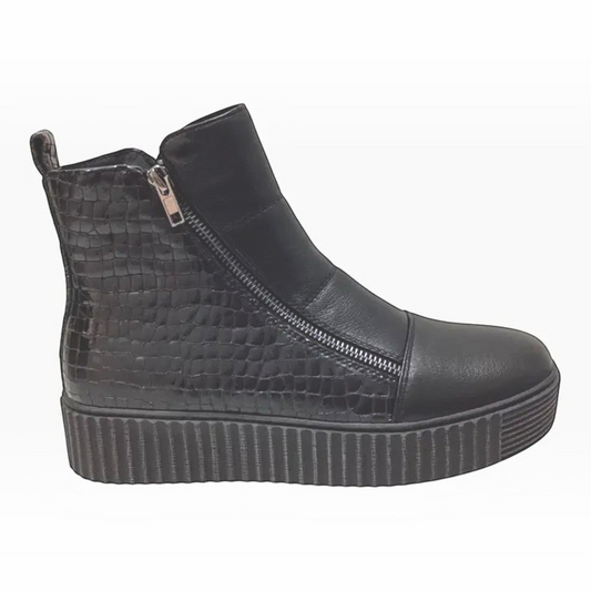 The Shoe Shop Alfie & Evie Dynasty black leather ankle boot with croc-embossed panels and a flatform sole.