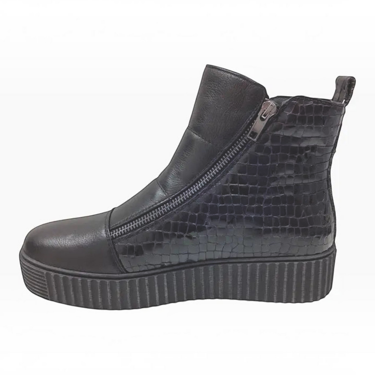 The Shoe Shop Alfie & Evie Dynasty black leather ankle boot with croc-embossed side panel and flatform sole.