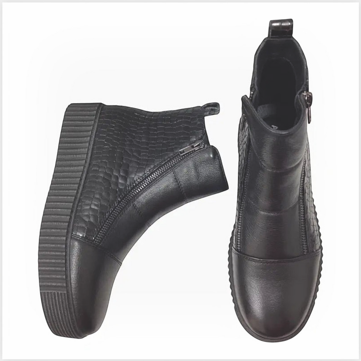 The Shoe Shop Alfie & Evie Dynasty black leather ankle boots with croc-embossed panels and a chunky flatform sole.