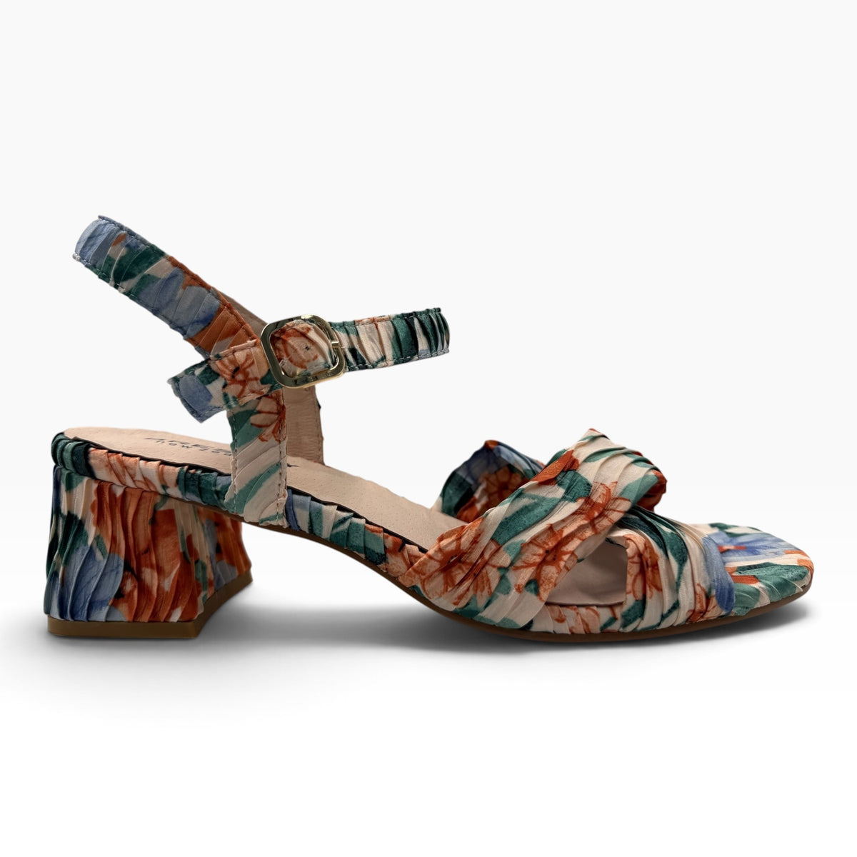 The Shoe Shop Aloof beige floral block heel sandal with pleated fabric straps and an adjustable ankle buckle