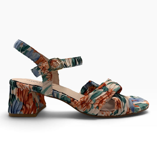 The Shoe Shop Aloof beige floral block heel sandal with pleated fabric straps and an adjustable ankle buckle