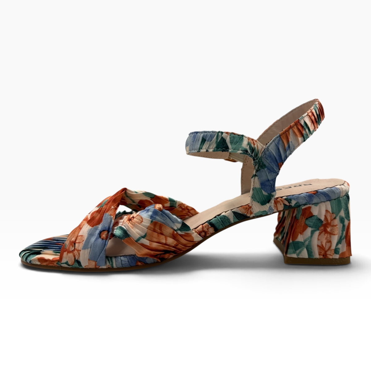 The Shoe Shop Aloof beige floral pleated block heel sandal with a slingback strap and twisted front detail