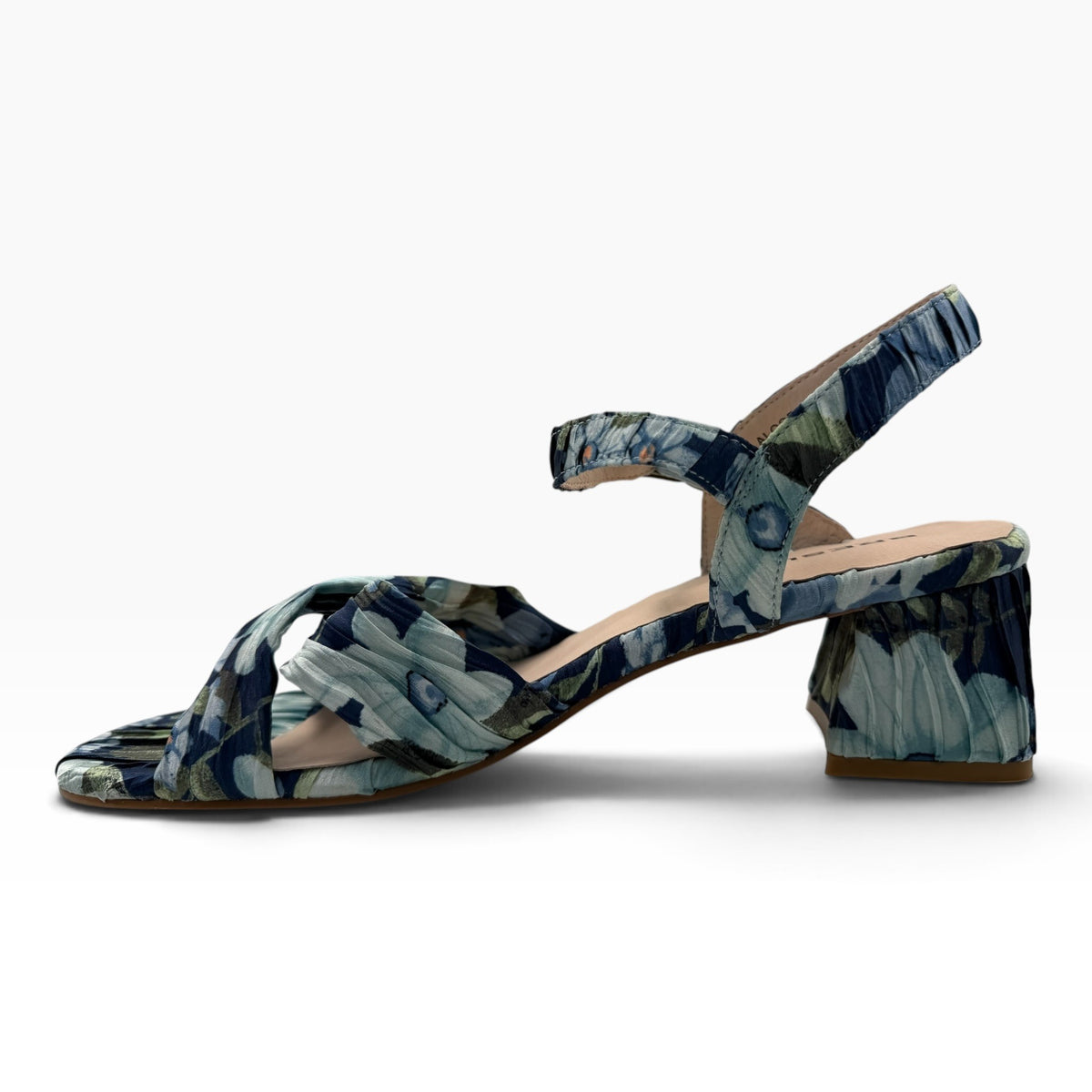The Shoe Shop Aloof navy floral print low block heel sandal with a slingback strap and ruched fabric detail