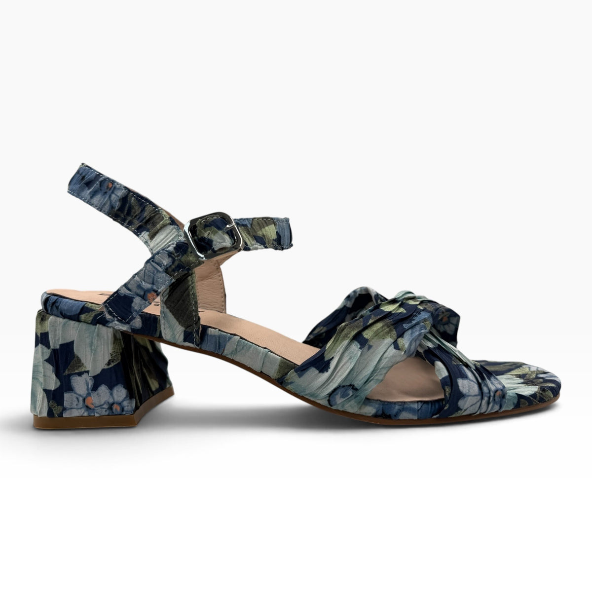 The Shoe Shop Aloof navy floral block heel sandal with a knotted strap and adjustable ankle buckle