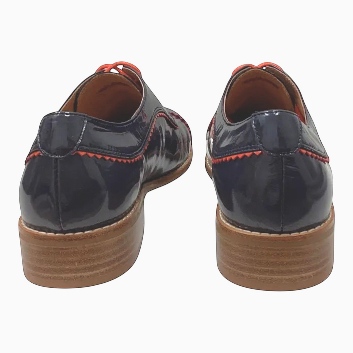 The Shoe Shop Alpopo navy patent leather lace-up flats with red stitching and a low block heel, rear view.