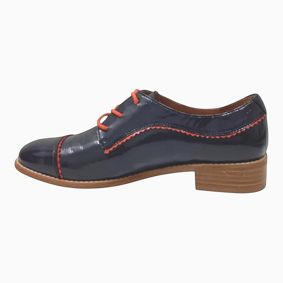The Shoe Shop Alpopo navy patent leather lace-up flat shoe with orange accents and a low block heel
