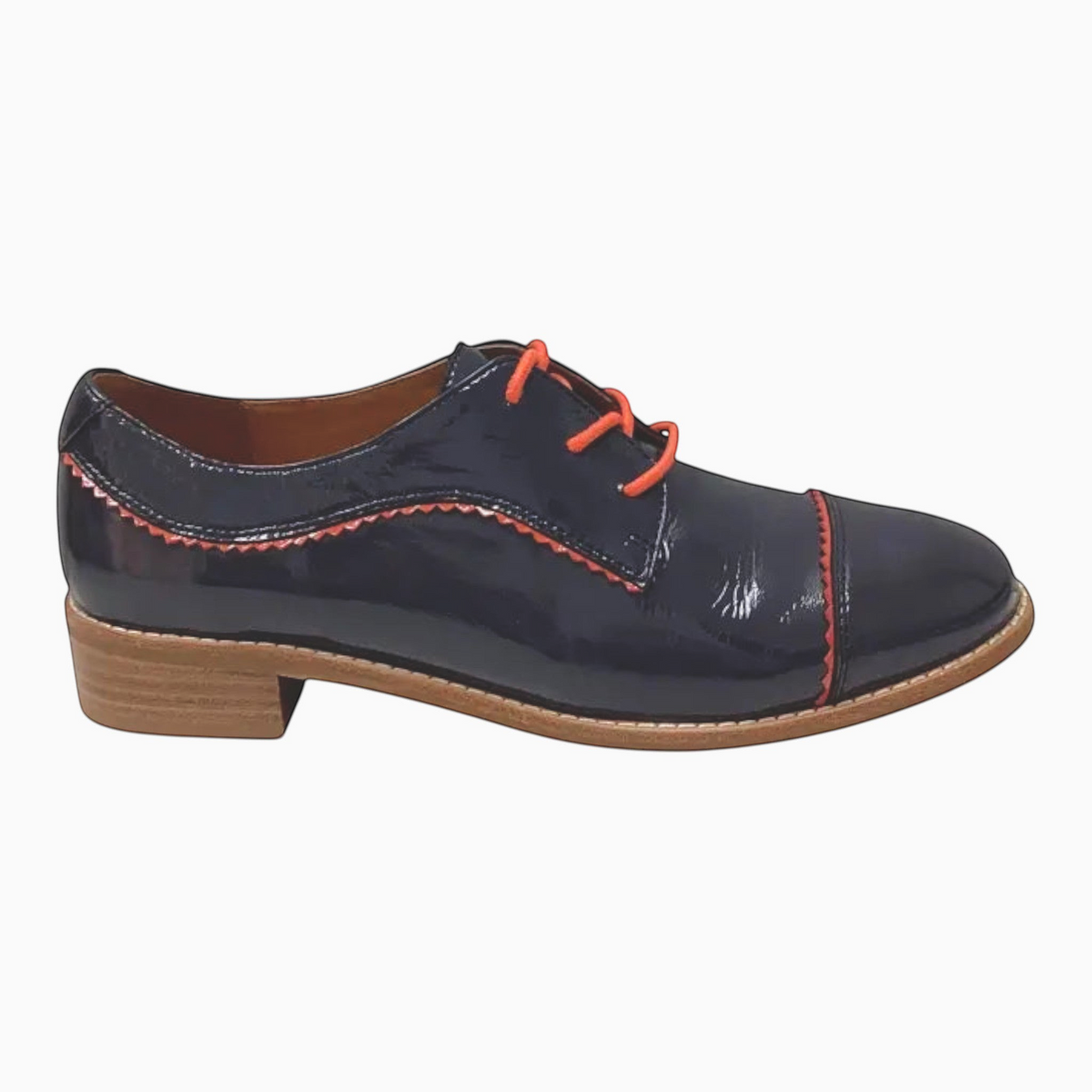 The Shoe Shop Alpopo navy patent leather lace-up flat shoe with orange stitching and a low block heel