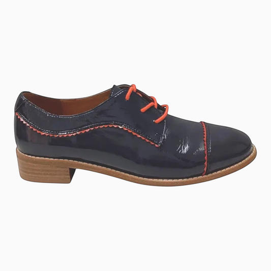 The Shoe Shop Alpopo navy patent leather lace-up flat shoe with orange stitching and a low block heel