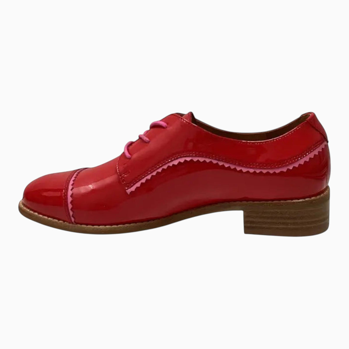 The Shoe Shop Alpopo red patent leather lace-up flat shoe with pink scalloped trim and a low block heel