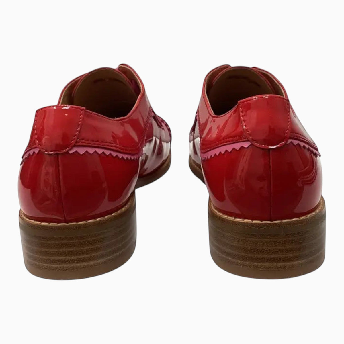 The Shoe Shop Alpopo red patent leather lace-up flats with a low block heel, viewed from the back.