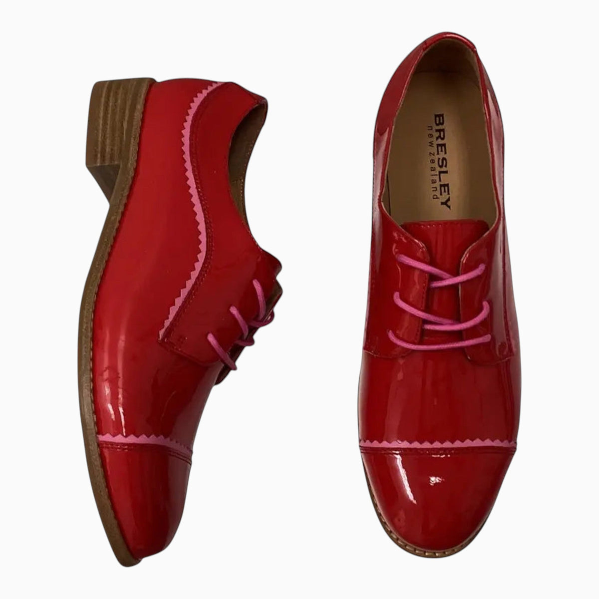 The Shoe Shop Alpopo red patent leather lace-up flats with pink scalloped trim and a low block heel