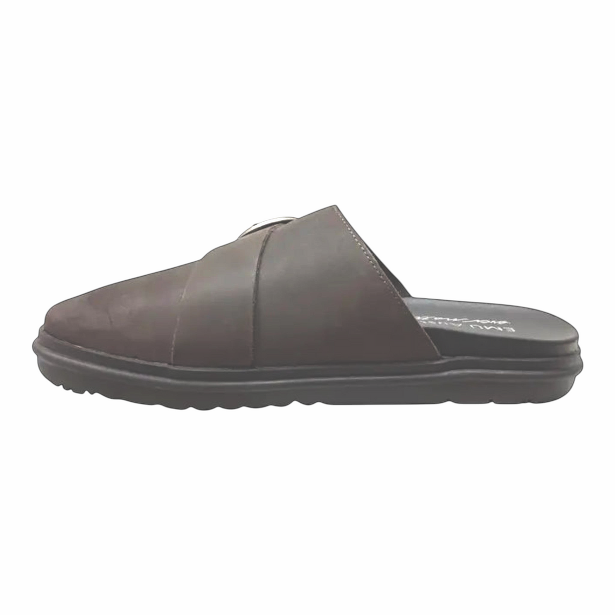 The Shoe Shop Amber 2.0 espresso brown leather slip-on mule with a side buckle and cushioned rubber sole.