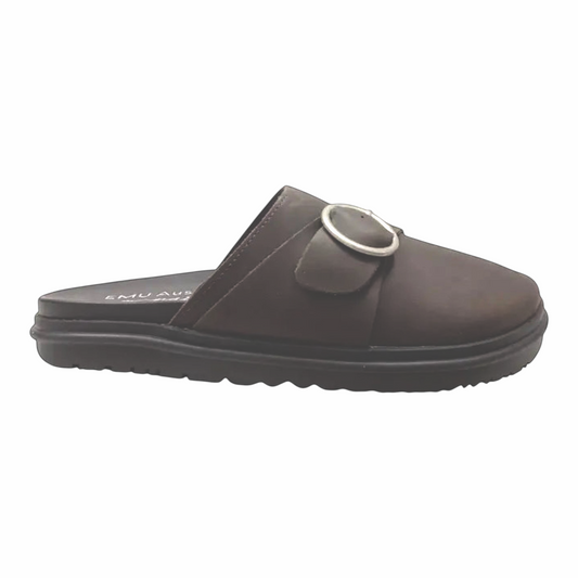 The Shoe Shop Amber 2.0 espresso brown leather slip-on mule with a silver buckle accent and cushioned rubber sole.