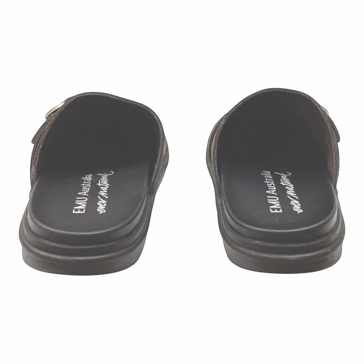 The Shoe Shop Amber 2.0 espresso brown leather slip-on mules viewed from the back with cushioned footbeds.