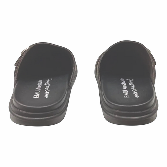 The Shoe Shop Amber 2.0 espresso brown leather slip-on mules viewed from the back with cushioned footbeds.