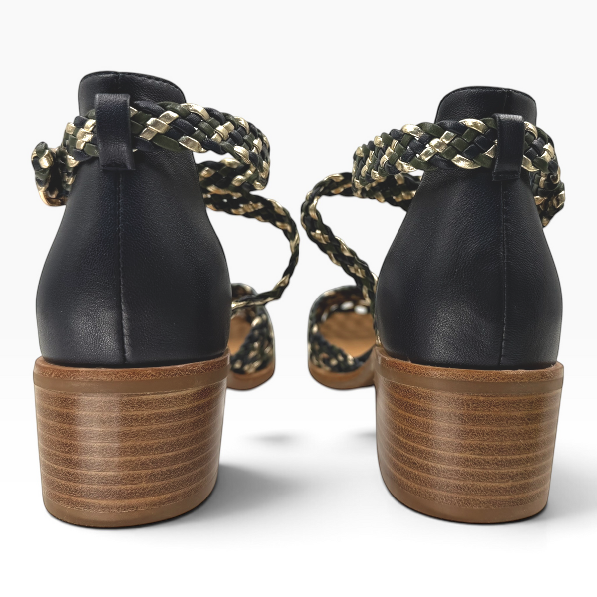 The Shoe Shop Anglo black leather sandals with braided metallic ankle straps and a stacked wooden block heel