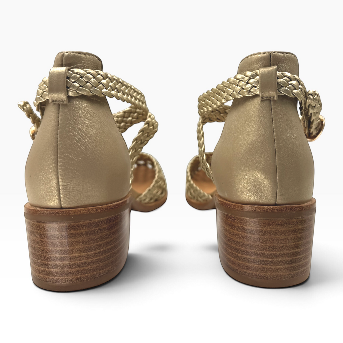 The Shoe Shop Anglo metallic gold leather sandals featuring a braided ankle strap and a low stacked wooden block heel.