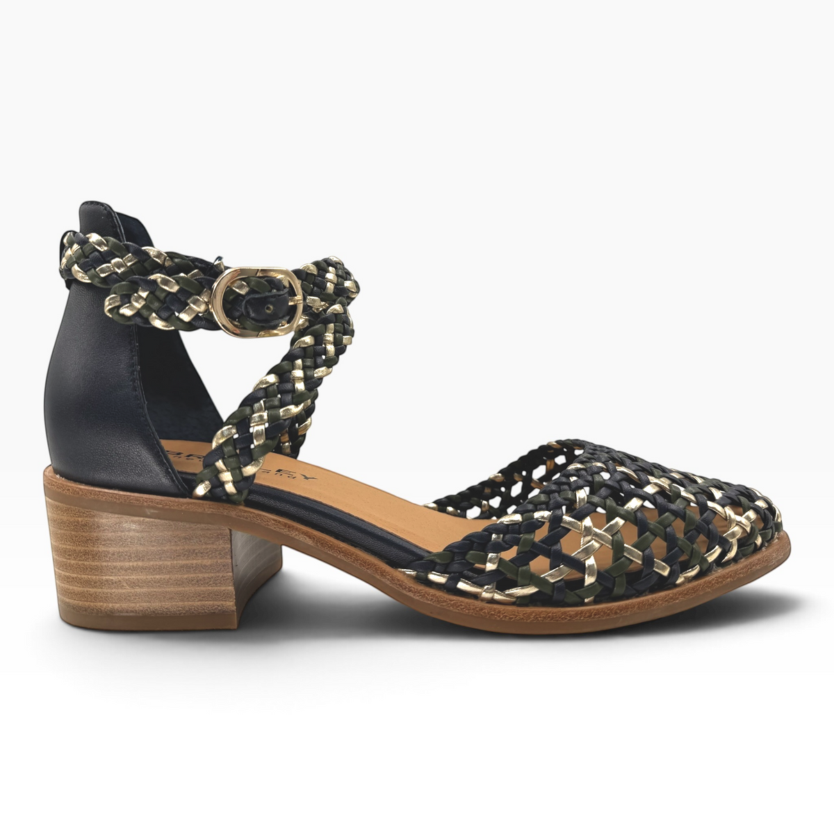 The Shoe Shop Anglo woven leather sandals in black and metallic gold with a low block heel and ankle strap buckle.
