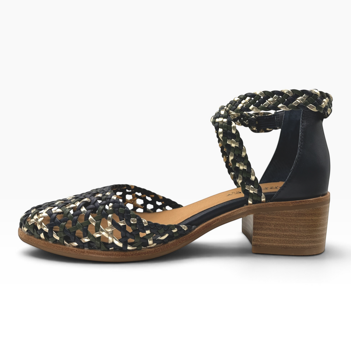 The Shoe Shop Anglo woven leather sandals in navy and gold with a low block heel and ankle strap