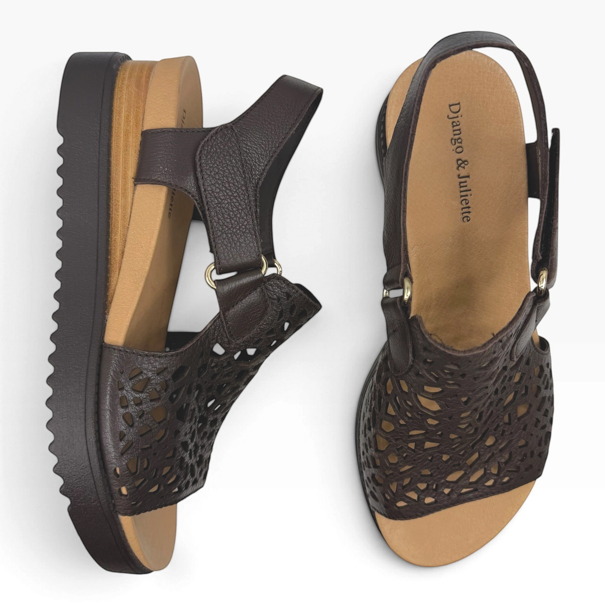 The Shoe Shop Ansh dark brown leather sandals with laser-cut floral pattern, slingback strap, and almond footbed.