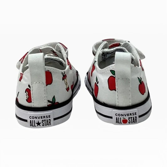 The Shoe Shop Chuck Taylor All Stars toddler sneakers in white canvas with red apple print and heel pull tabs