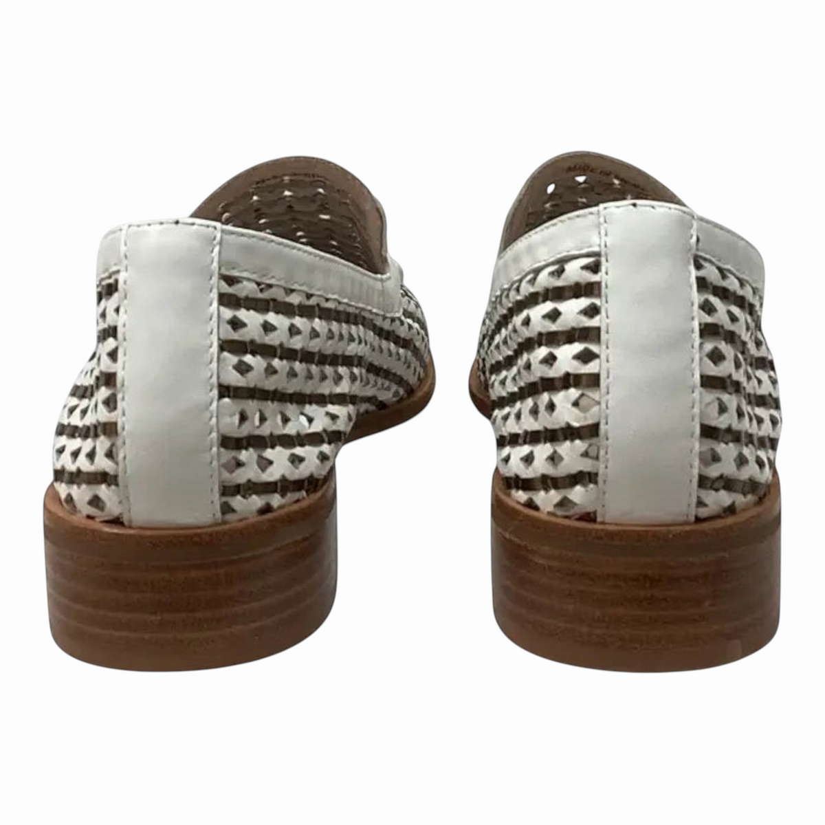 The Shoe Shop Apples white and brown woven leather loafers, back view showing stacked wooden heels.