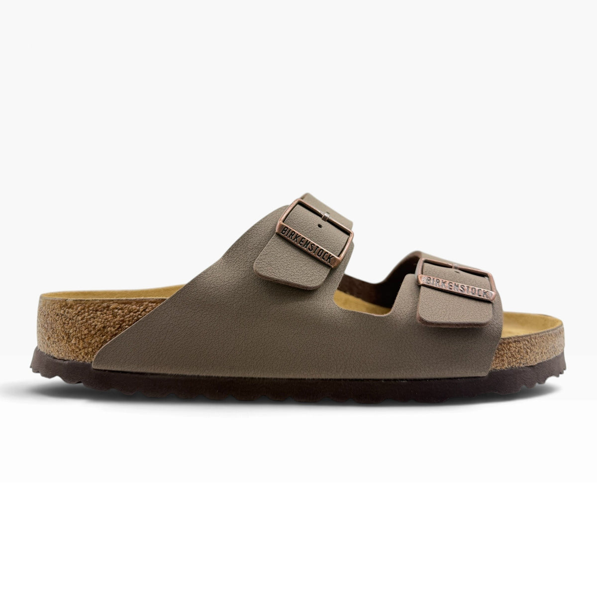 The Shoe Shop Arizona Birkibuc two-strap sandal in brown with cork-latex footbed and adjustable metal buckles.