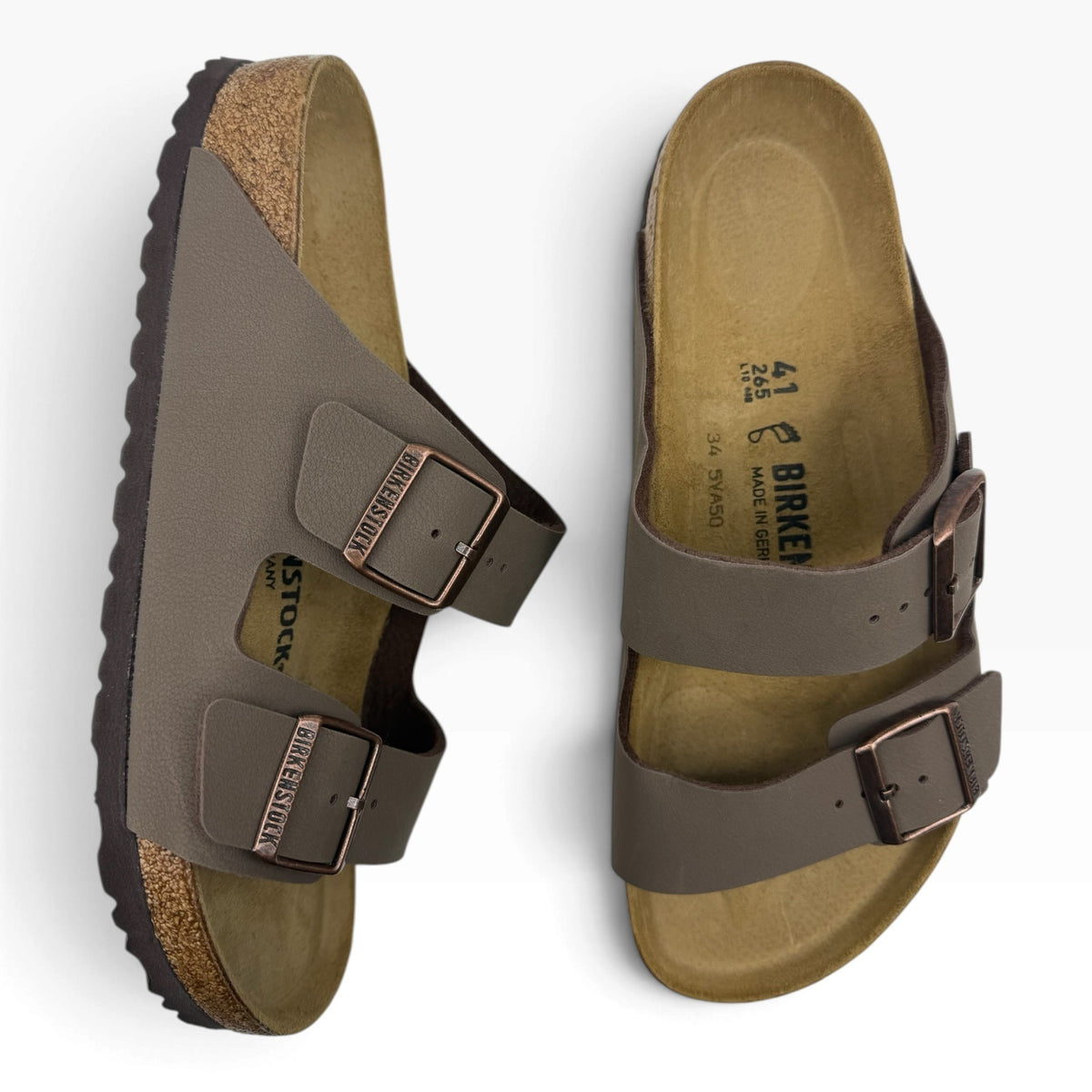 The Shoe Shop Arizona Birkibuc brown two-strap sandals with cork-latex footbed and adjustable metal buckles