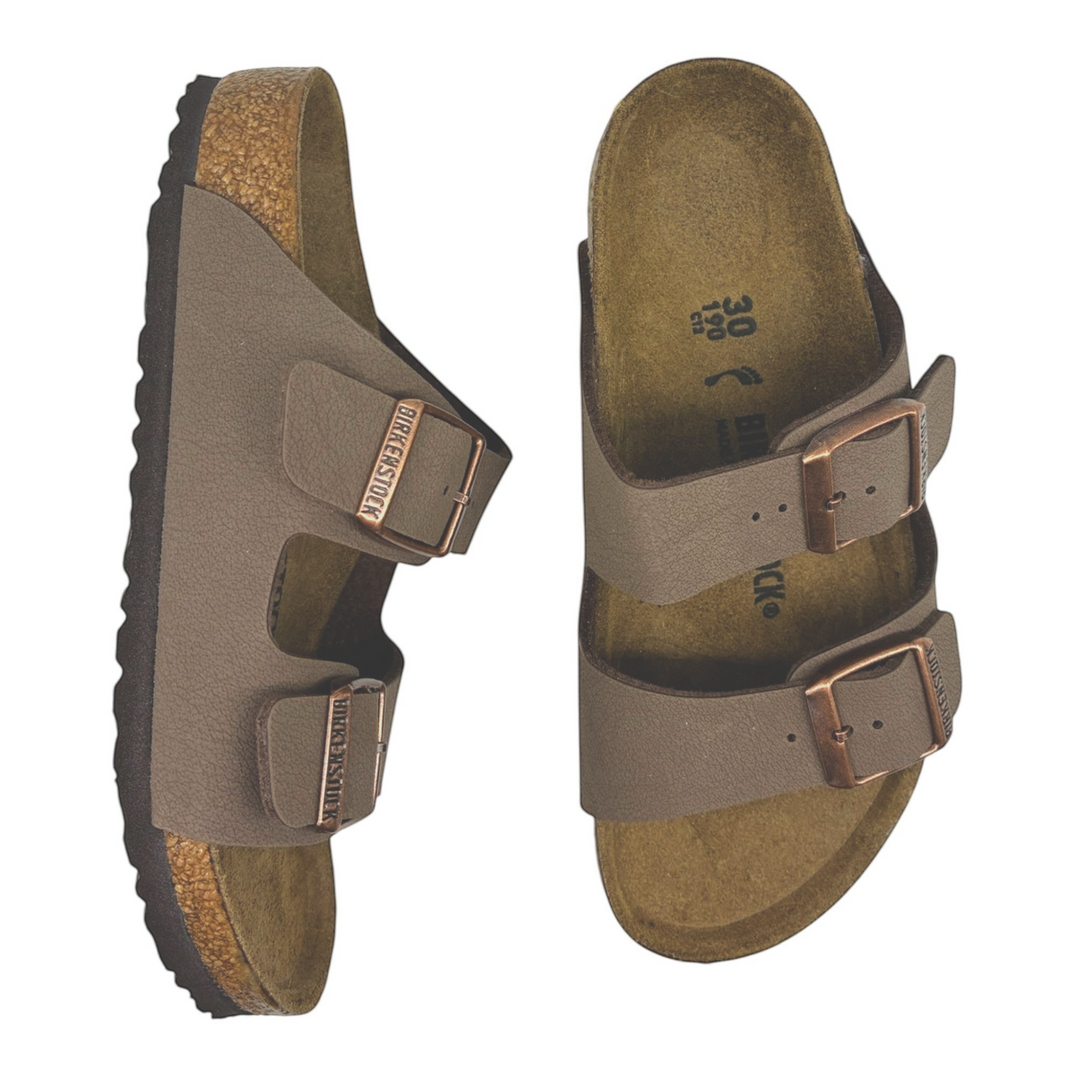 The Shoe Shop kids Birkenstock Arizona sandals in brown Birkibuc with two adjustable metal buckles and cork footbed.