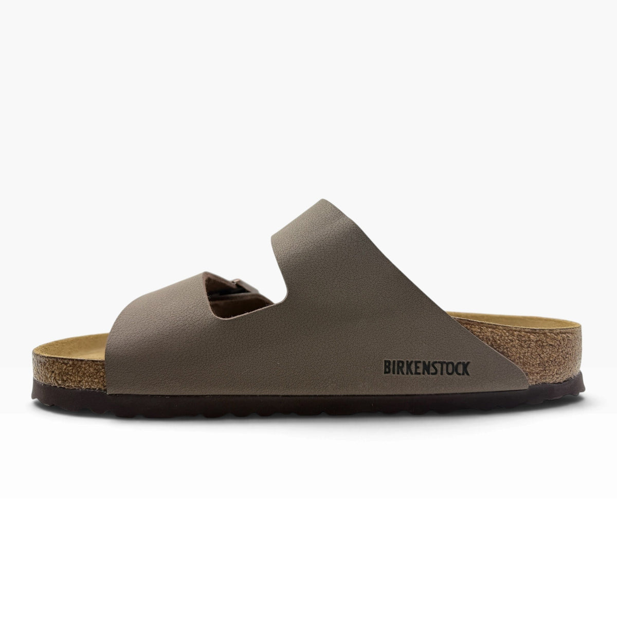 The Shoe Shop Arizona Birkibuc two-strap sandal in taupe with a cork-latex footbed and adjustable metal buckles.