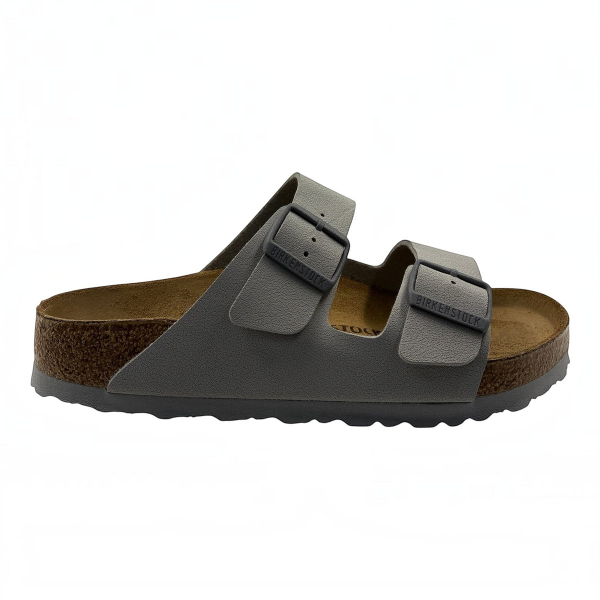The Shoe Shop Arizona Birko-Flor grey two-strap sandal with cork-latex footbed and adjustable metal buckles