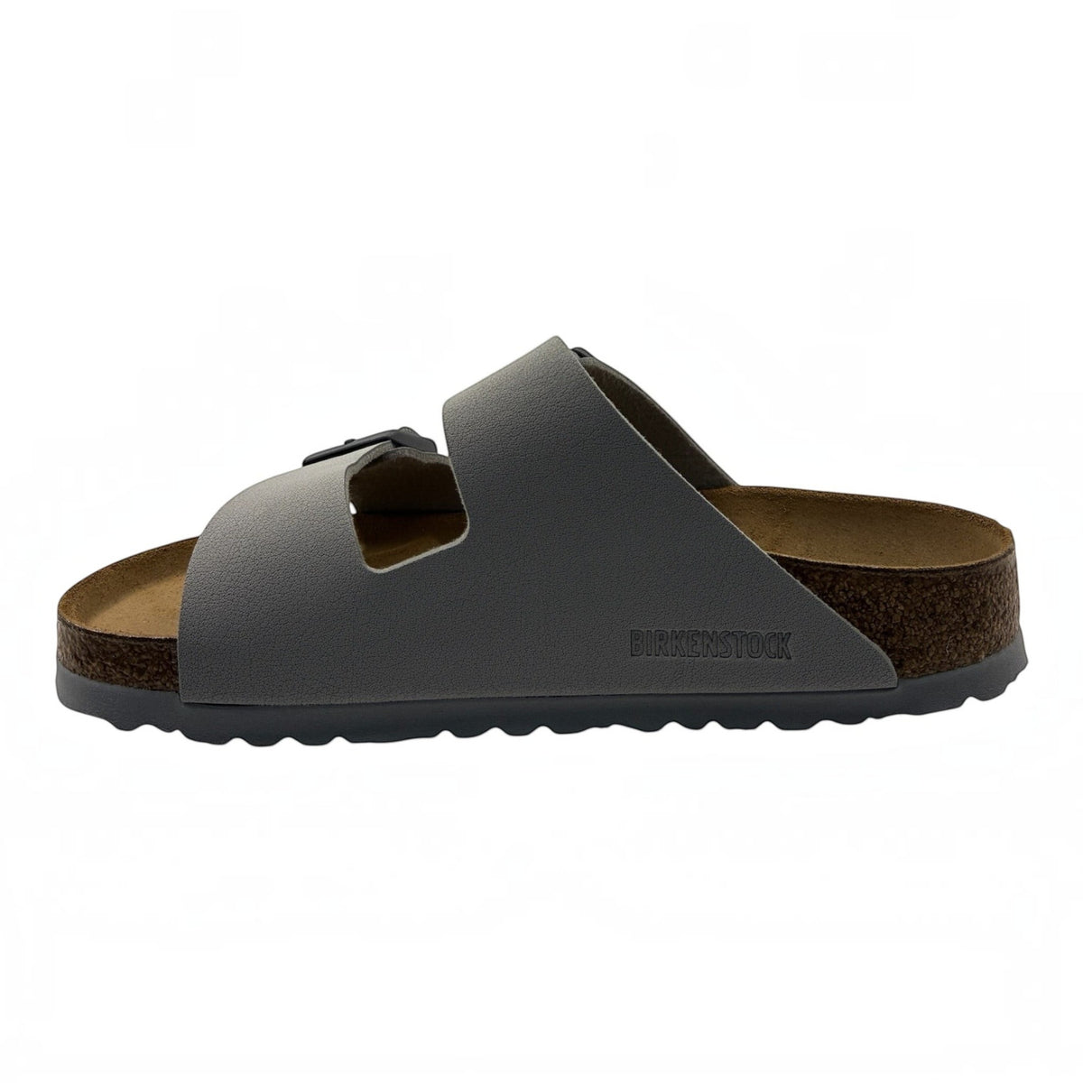 The Shoe Shop Arizona Birko-Flor grey two-strap sandal with cork-latex footbed and adjustable buckles
