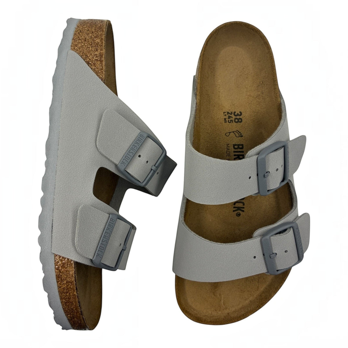 The Shoe Shop Arizona Birko-Flor grey two-strap sandals with cork-latex footbed and adjustable metal buckles
