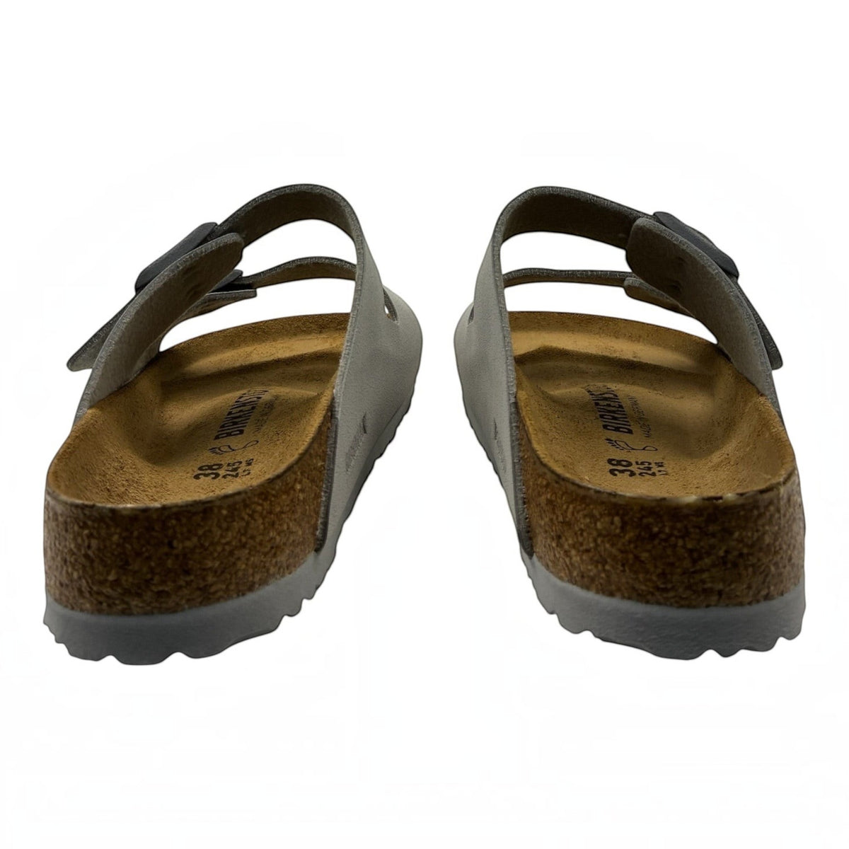 The Shoe Shop Arizona Birko-Flor sandals showing the back view of the cork-latex footbed and adjustable straps.