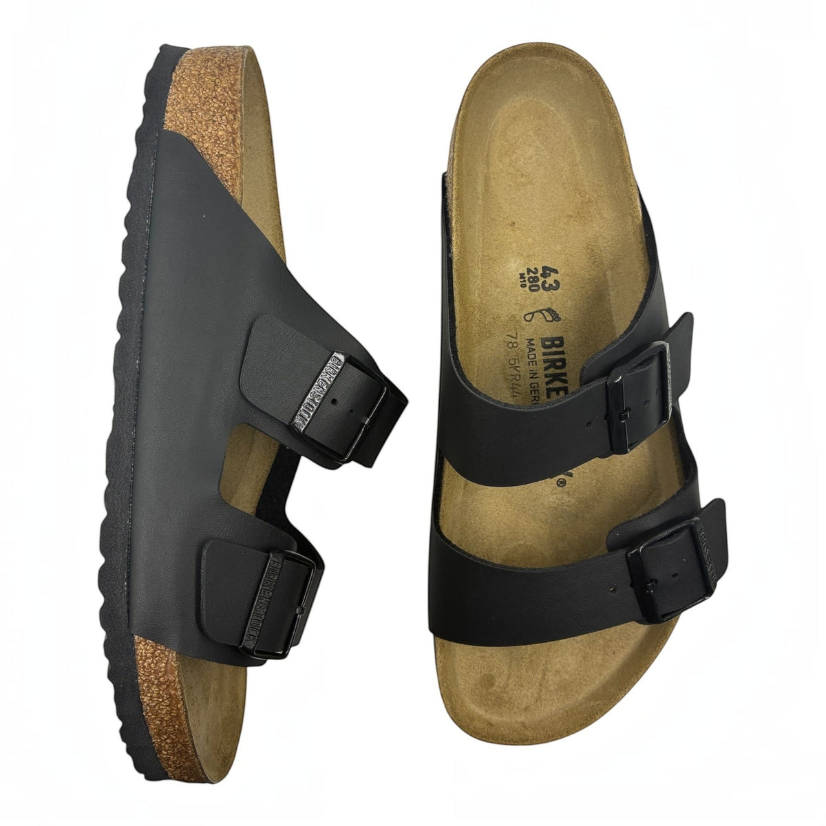 The Shoe Shop Arizona Birko-Flor black two-strap sandals with cork-latex footbed and adjustable metal buckles