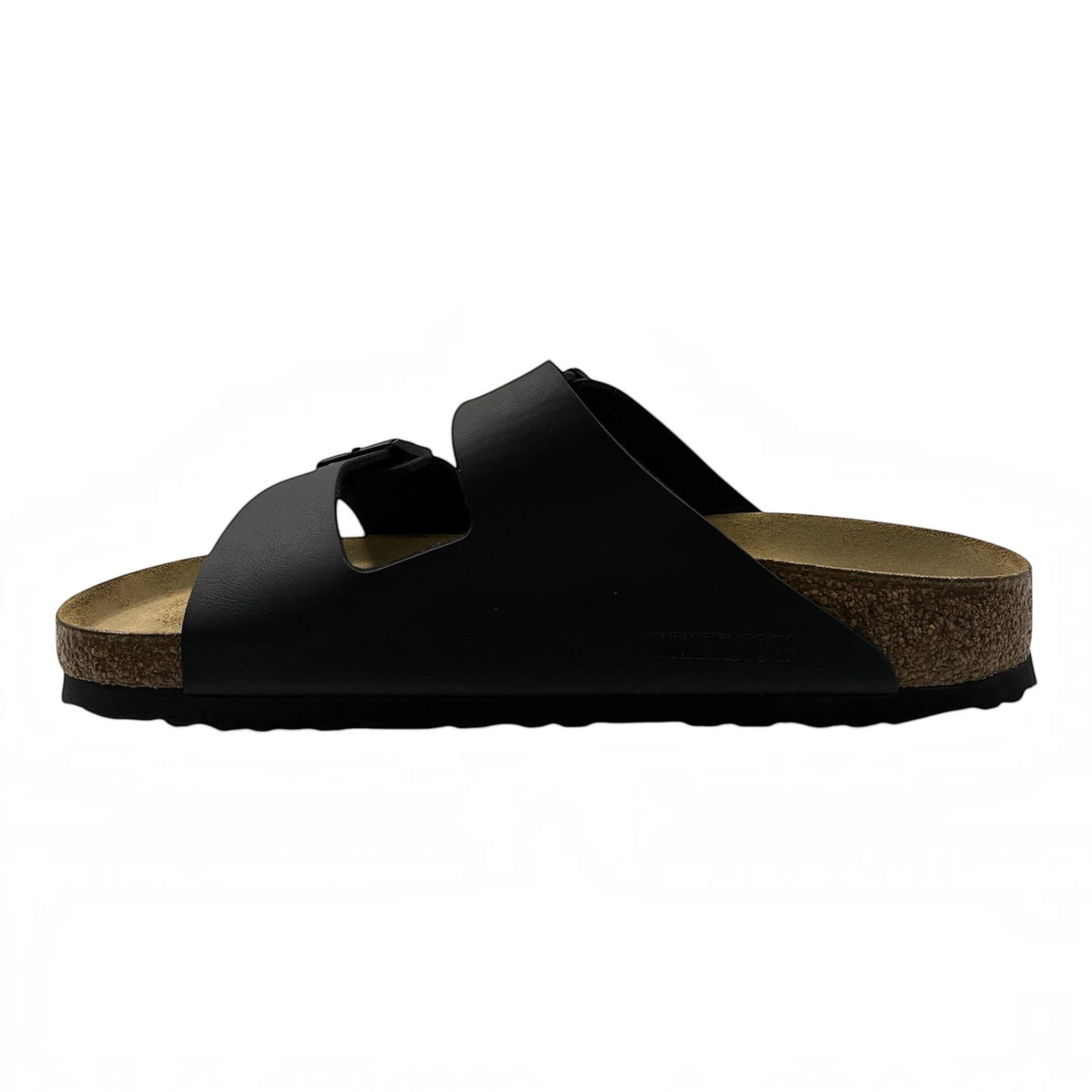 The Shoe Shop Arizona Birko-Flor black two-strap sandal with cork-latex footbed and adjustable metal buckles