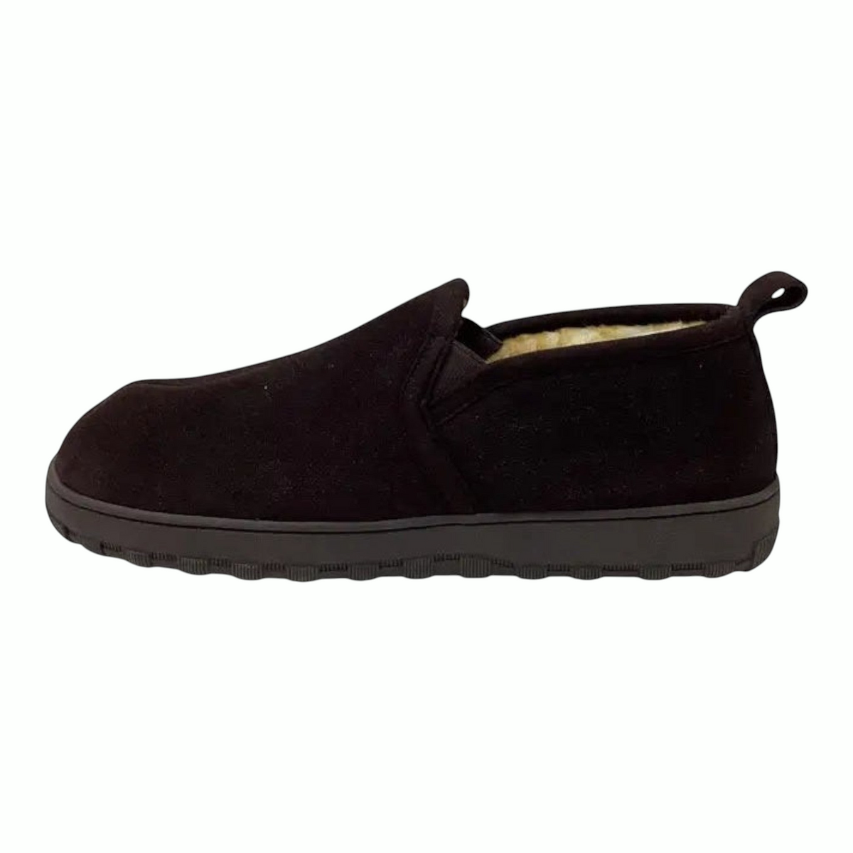 The Shoe Shop Arizona cow suede slippers in rootbeer brown with a plush lining and durable rubber sole, side view.