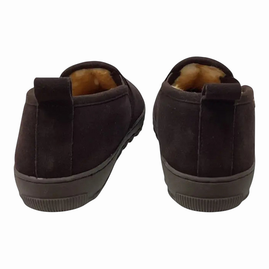 The Shoe Shop Arizona cow suede slippers in rootbeer brown with plush lining and durable rubber soles, rear view.