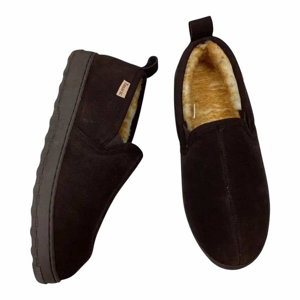 The Shoe Shop Arizona cow suede slippers in rootbeer brown with plush lining and durable traction soles.