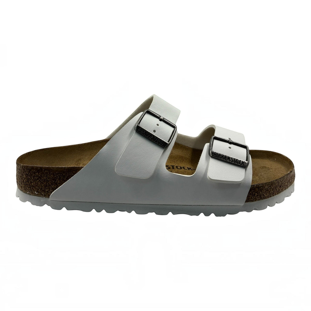 The Shoe Shop Arizona Birko-Flor white two-strap sandal with cork-latex footbed and adjustable metal buckles