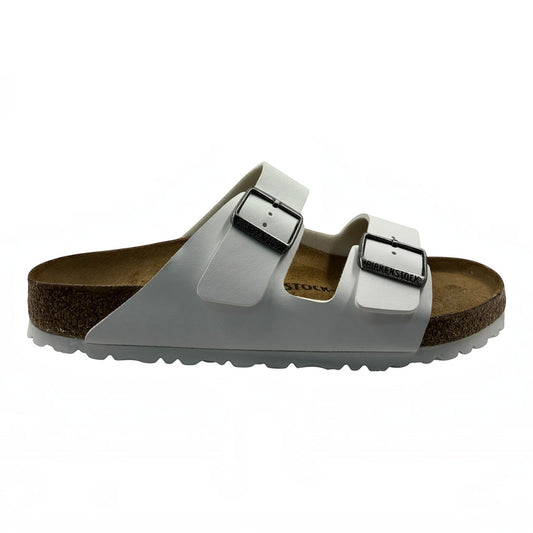 The Shoe Shop Arizona Birko-Flor white two-strap sandal with cork-latex footbed and adjustable metal buckles