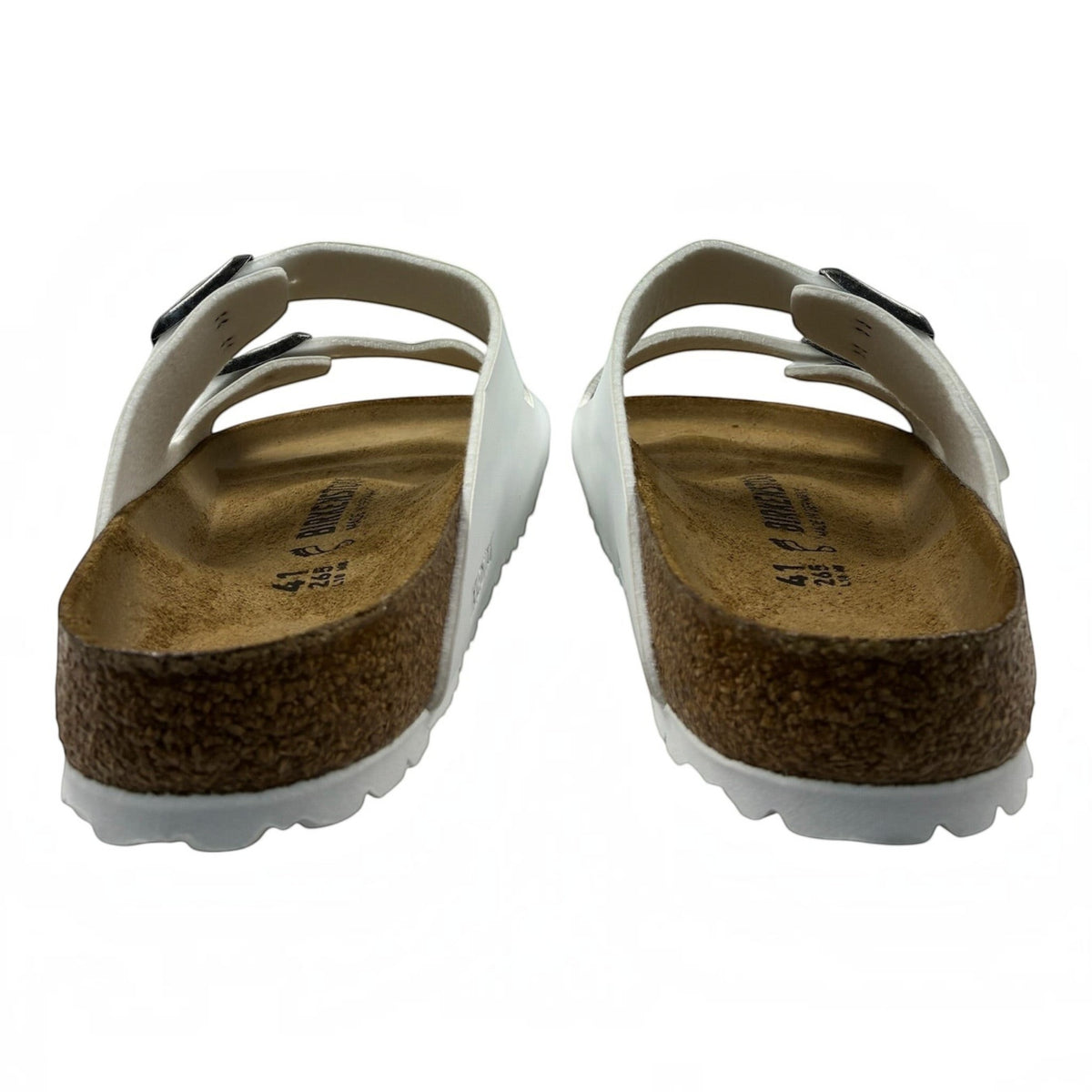 The Shoe Shop Arizona Birko-Flor white two-strap sandals with cork-latex footbed and adjustable metal buckles