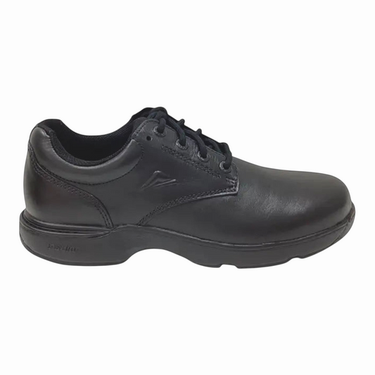 The Shoe Shop Ascent Apex youth school shoe in black full-grain leather with a durable rubber sole and lace-up design.