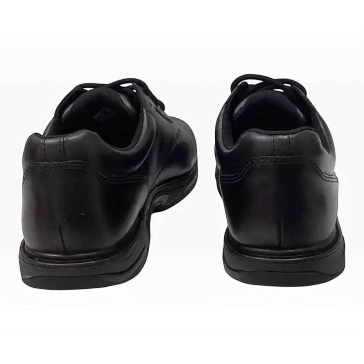 The Shoe Shop Ascent Apex Wide 2E senior school shoes in black full-grain leather, rear view showing heel support.
