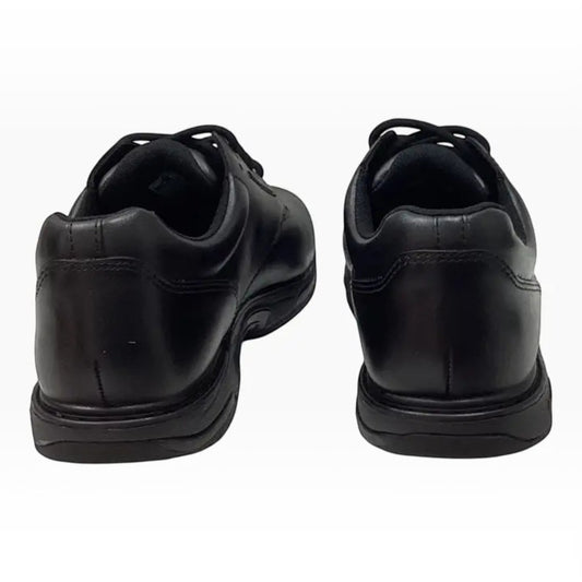 The Shoe Shop Ascent Apex Wide 2E senior school shoes in black full-grain leather, rear view showing heel support.